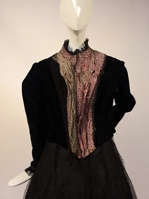 VESTIDO VICTORIANO AÑOS 1890 TALLA GRANDE 2 PIEZAS NEGRO PUNTO SUIZO RED CON TERCIOPELO Foto 1 de 4