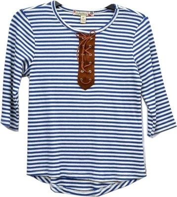 Speechless Big Girls' Lace up Front Tee shirt blue stripes  Medium - Image 1 of 3