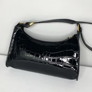 Sample Sale Black Mini Shoulder Bag Faux Crocodile Patent Leather Grunge Handbag - Picture 1 of 9