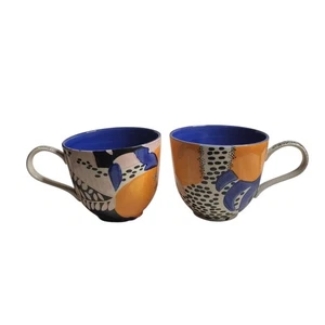 2 Cassie Byrnes for Anthropologie Ceramic Melbourne Mugs Blue & Orange - Picture 1 of 6