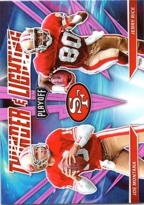 Panini Playoff Thunder and Lightning Pink Prizm Joe Montana 2021 Jerry Rice Salón de la fama Foto 1 de 2