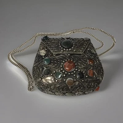 Уникальный винтажный SAJAI металла и драгоценных камней Дамская сумка миниатюрного размера ткани с подкладкой сумочки - Изображение 1 из 4
