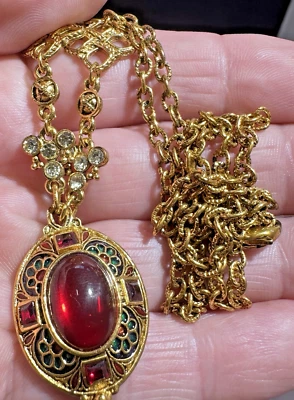 EDGAR BEREBI Necklace Signed Gold Chain Enamel Red Cabochon Pendant Vintage - Image 1 of 4