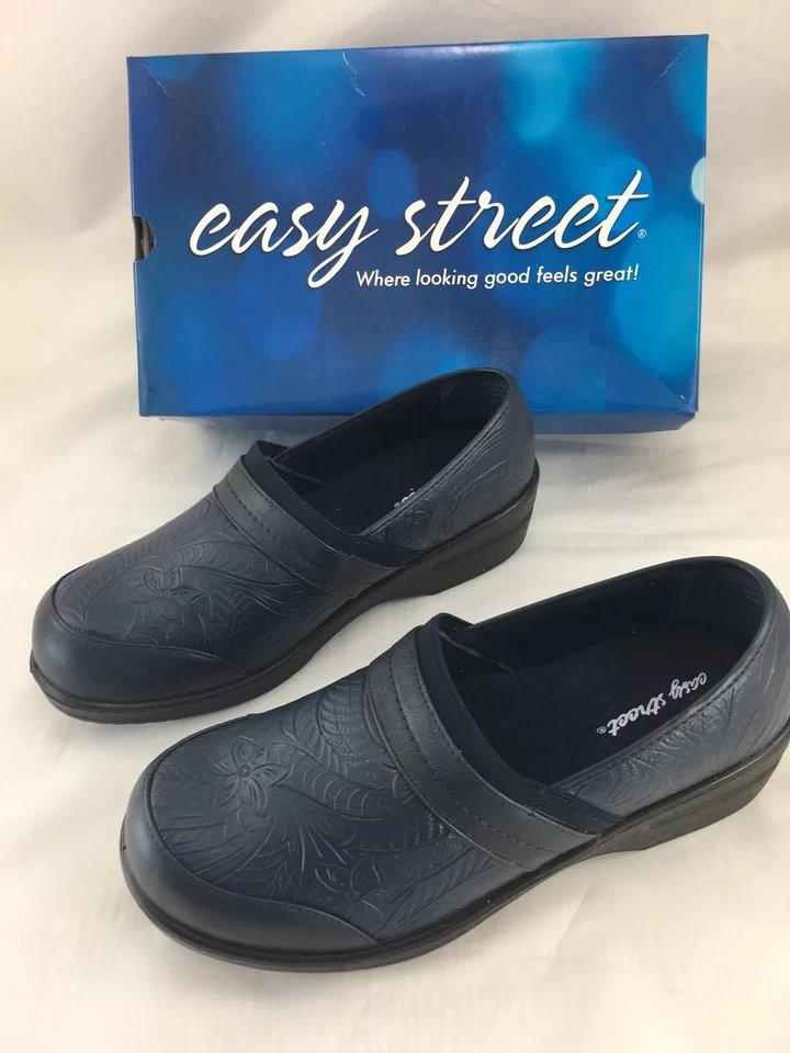 Easy Street Flex Origin Mule Clogs Womens Size 10 M Navy Blue Stretch Floral
