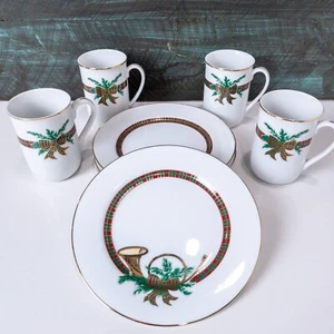 "The Hunt" Set of 4 Christmas Salad Plates and Mugs/Cups by George Briand - Picture 1 of 4