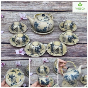 Juego de té de cerámica de cerámica Bat Trang - auténtico pueblo artesanal vietnamita - Imagen 1 de 10