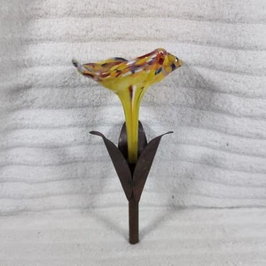 Hand Blown Glass Flower Metal Stem & Petals Functional Art Mixed Media Artisan - Picture 1 of 8