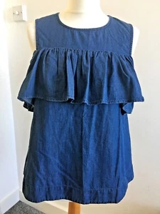 Womens Denim Cold Shoulder Blue Top Blouse Ruffle Short Sleeve 10/12 UK Cotton - Picture 1 of 6
