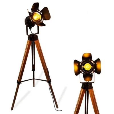 Vintage Black Wood Tripod Floor Lamp For Living Room Modern Industrial Metal Nau - Image 1 of 4