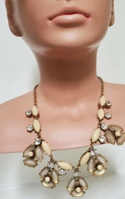 J Crew Beige Taupe Cabochon Rhinestone Antiqued Gold Tone Statement Necklace - Image 1 of 4