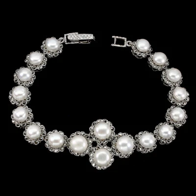 925 Sterling Silver Bracelet Round Pearl 7mm Marcasite Gemstone Jewelry - Image 1 of 4