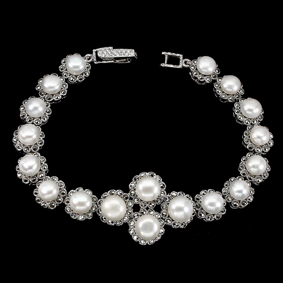 925 Sterling Silver Bracelet Round Pearl 7mm Marcasite Gemstone Jewelry - Image 1 of 4