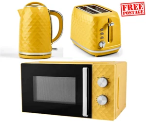 Passender gelber stilvoller Wasserkocher in Rautenoptik 2 Schlitze Toaster & 700 W Mikrowelle UK - Bild 1 von 11