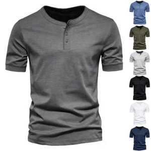 Mens Henley T-shirt Tops Summer Plain Short Sleeve Grandad Neck Casual Shirts - Picture 1 of 28