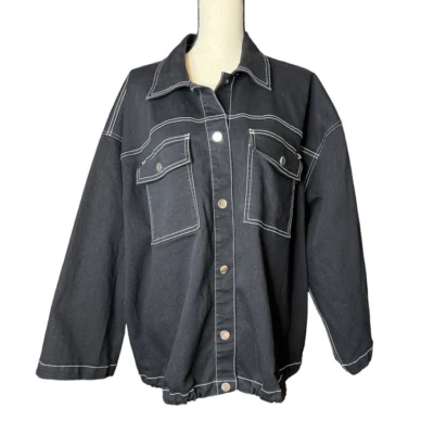 Ruby Rd Jacket Size 24W in Black Denim w/White Thread Trim Snap Silver Buttons - Image 1 of 4