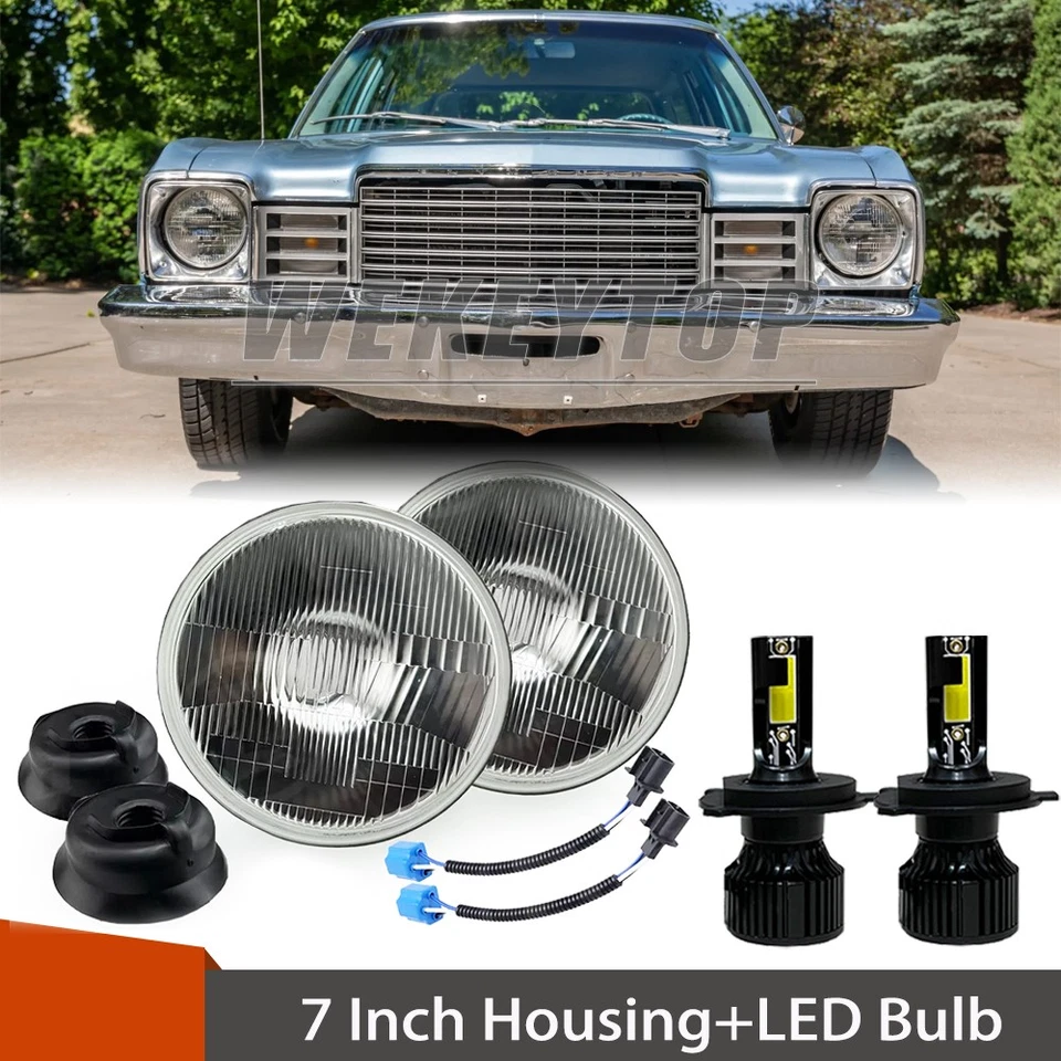 7 Round Headlight Conversion Kit with LED Bulb H4 For Plymouth Volare 1976-1979 - Изображение 1 из 4