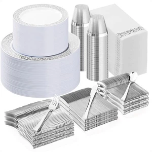 700PCS Silver Plastic Dinnerware Set for 100 Guests, Disposable Plates for Pa... - Picture 1 of 6
