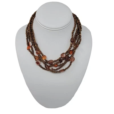 Multi Strand Glass Beaded Necklace Copper Brown Choker Collar Extender  - Image 1 of 4