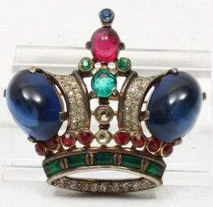 Vintage Trifari Alfred Philippe Sterling Krone Brosche Anstecknadel Saphir Cabochon - Bild 1 von 9