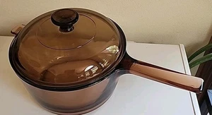 Vintage PYREX VISION Corning USA 2.5L Glass Saucepan with Lid Amber - Picture 1 of 2