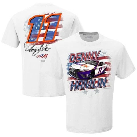 Denny Hamlin # 11 Nascar 2021 Men's White Old Glory 2-Sided Shirt Medium Cover