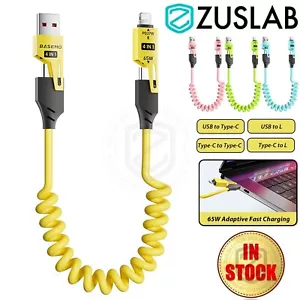 4in1 Coiled Charger Cable USB A Type C Light PD65W For Samsung Apple Car Desktop - Picture 1 of 15