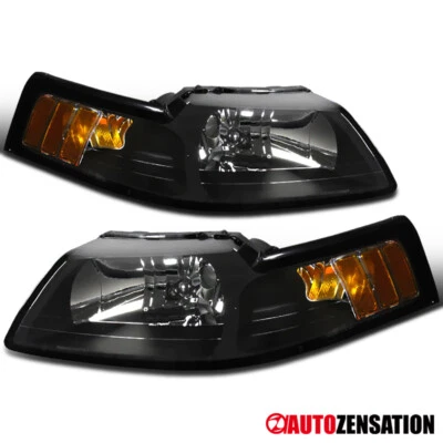 Fit 1999-2004 Ford Mustang GT Black Headlights Headlamps Left+Right 99-04 - Image 1 of 4