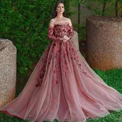 Off-Shoulder Wedding Dresses Appliques 3D Flower Long Sleeve Pleat  Bridal Gowns - Image 1 of 4