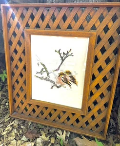 Hand Painted Signed Watercolor Bird Finch Branch Painting Burwood Lattice Frame - Picture 1 of 10