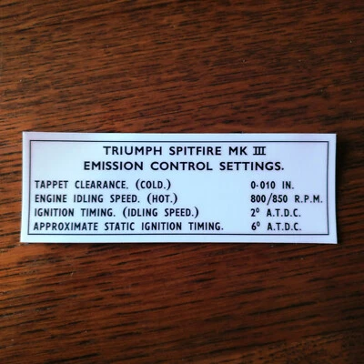 Control de emisiones Triumph Spitfire Mk3 sincronización de encendido repro etiqueta Concours Foto 1 de 3