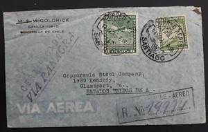 1940 Chile Airmail Registd Cover ties 2 stamps cancelled Santiago - Picture 1 of 2