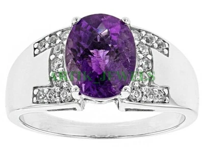 Natural Amethyst Gemstone with 14K White Gold Plated Silver Ring for Men's #30 - Image 1 of 4