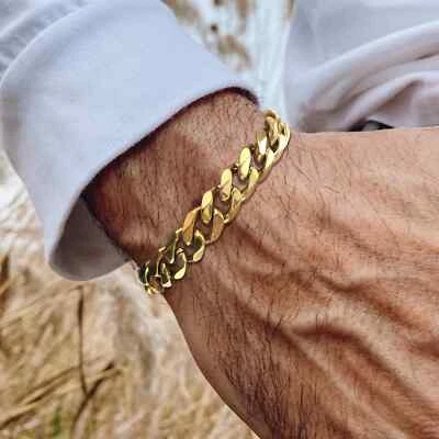 14K Gold Plated Figaro Chain Bracelet Thick Hip Hop Men Heavy Duty Wrist Jewelry - Image 1 of 4