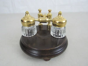 Soporte doble tintero de madera y latón macizo pulido - estilo antiguo vintage - Imagen 1 de 10