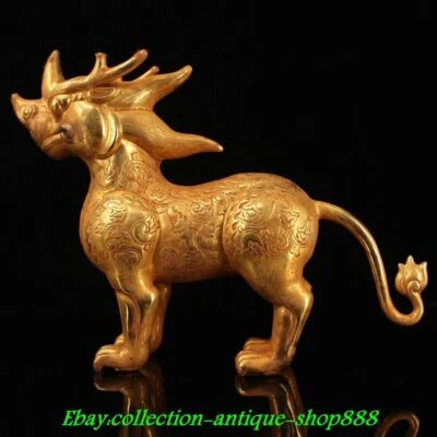 9.4" Old Chinese Bronze Gilt Feng Shui Pixiu Dragon Unicorn Beast Animal Statue - Image 1 of 4