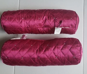 Satin Cranberry Quilted Crystals Cylinder Bolster Pillows Throw Set of 2 - Picture 1 of 5
