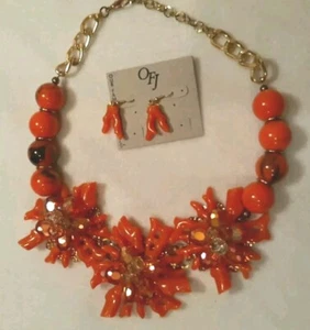 Vintage Boho Statement Orange Faux Koralle Kostüm Mode Halskette & Ohrringe - Bild 1 von 6