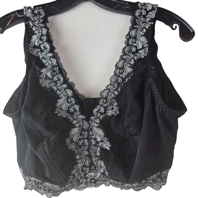 Breezies 1X Black Silver Lace Floral Wirefree Bralette A347326 Soft Comfort Bra - Image 1 of 4