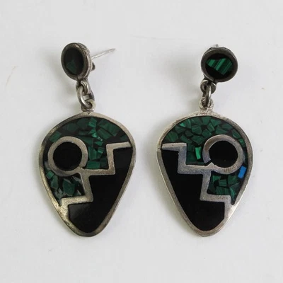 Pendientes de lágrima artesanales de plata de ley y malaquita de colección TM-235 México Foto 1 de 4