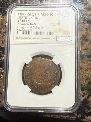 1787 4 CINQ P.R. FUGIO 1C ‘STATES UNITED’ VF25 BN NEWMAN 16 N Long Island Collec - Image 1 of 4