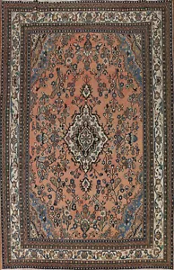 Vintage Muted Coral Rust Floral Hamedan Area Rug 8x11 Hand-knotted Wool Carpet - Picture 1 of 21