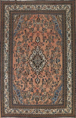 Vintage Muted Coral Rust Floral Hamedan Area Rug 8x11 Hand-knotted Wool Carpet - Image 1 of 4