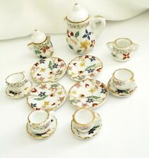 Miniature Tea Set Floral Gold Tone Ceramic Dining Kitchen Accessory Dollhouse