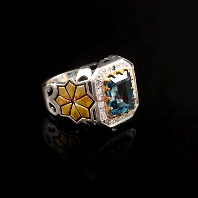 Piedra preciosa de topacio azul Londres natural con anillo de plata de ley 925 para hombre #860 Foto 1 de 4