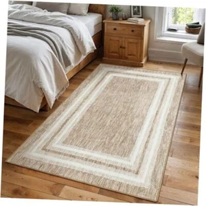 Modern Bordered Machine Washable Rugs, 4'x6' Non-Slip Rug Soft 4‘x6' Beige - Picture 1 of 7
