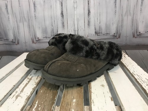 Ugg Pantofole Ballerine Scarpe da Interno Scivolo Grigio Pelliccia Stampa Ghepardo Design Taglia 7