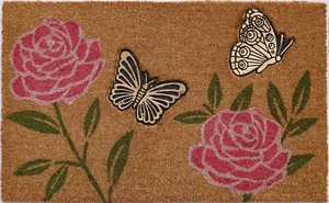 SCHMETTERLINGE UND BLUMEN VINYL RÜCKSEITE KOKOS FUSSMATTE - 18" x 30" - WILLKOMMENSMATTE - Bild 1 von 1