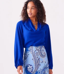 Karen Kane Cowl Neck Blouson Sleeve Top Women's M Royal Blue Solid Pullover - Picture 1 of 16
