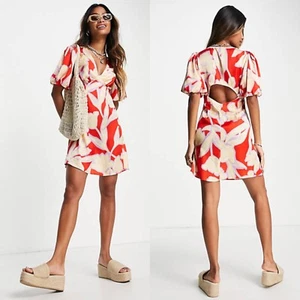 NEW TOPSHOP Red Cream LARGE FLORAL Satin PUFF SLEEVE Cutout Back MINI DRESS US 2 - Picture 1 of 10