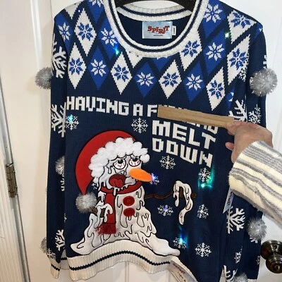 Ugly Christmas Sweater Adult Profanity Melting Snowman Lights & Sounds Large - Image 1 of 4